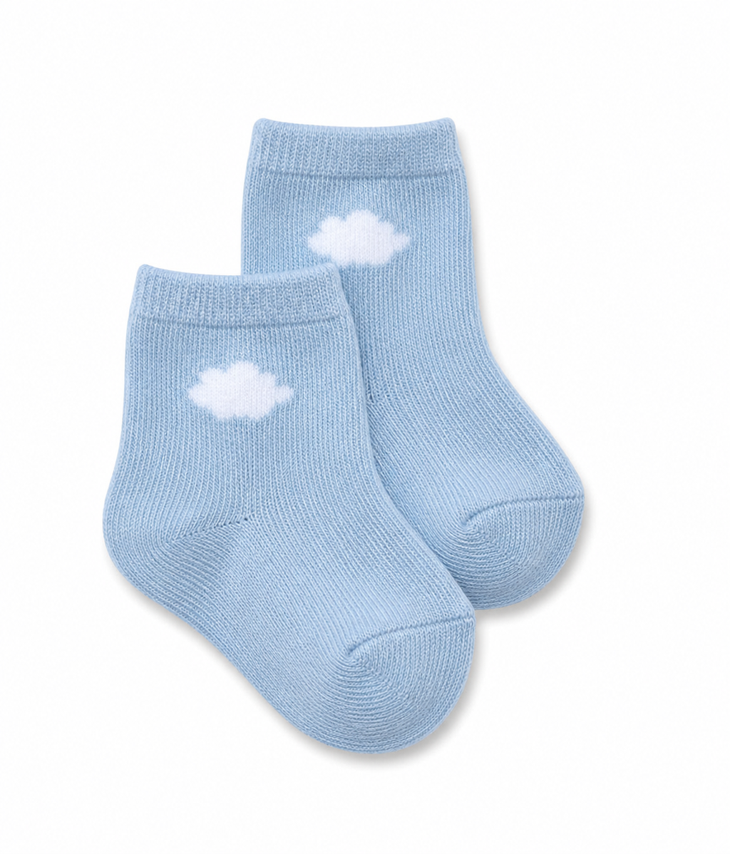 Pair of light blue socks with cloud designs