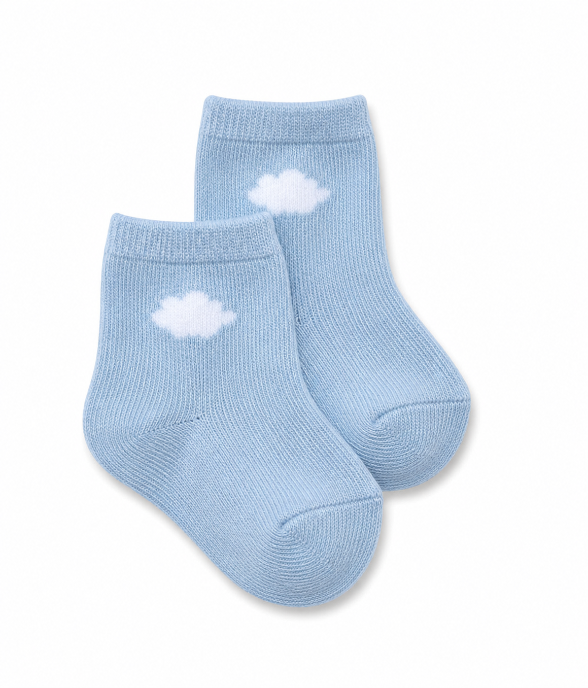 Pair of light blue socks with cloud designs